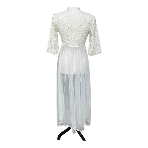 VTG 70s White Lace Sheer Robe Peignoir 3/4 Bell Sleeve Romantic Bridal Med - Picture 6 of 8